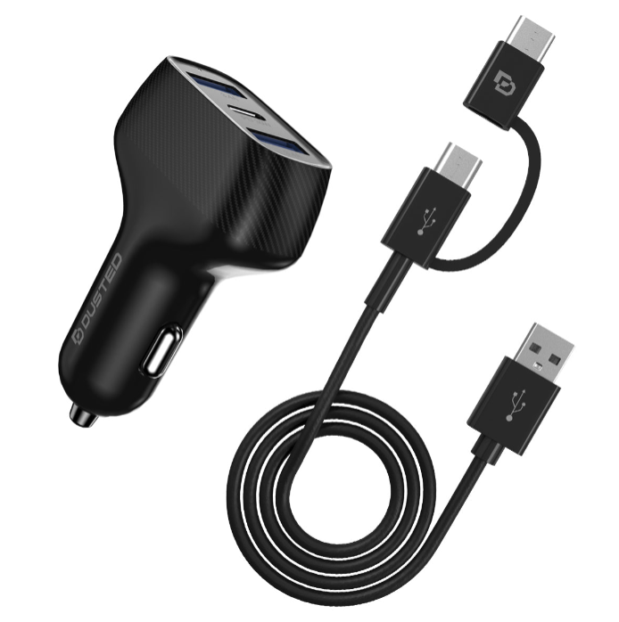Cargador triple de auto 50W 2xUSB-A 1xUSB-C con cable 2en1 Dusted