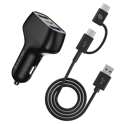 Cargador triple de auto 50W 2xUSB-A 1xUSB-C con cable 2en1 Dusted